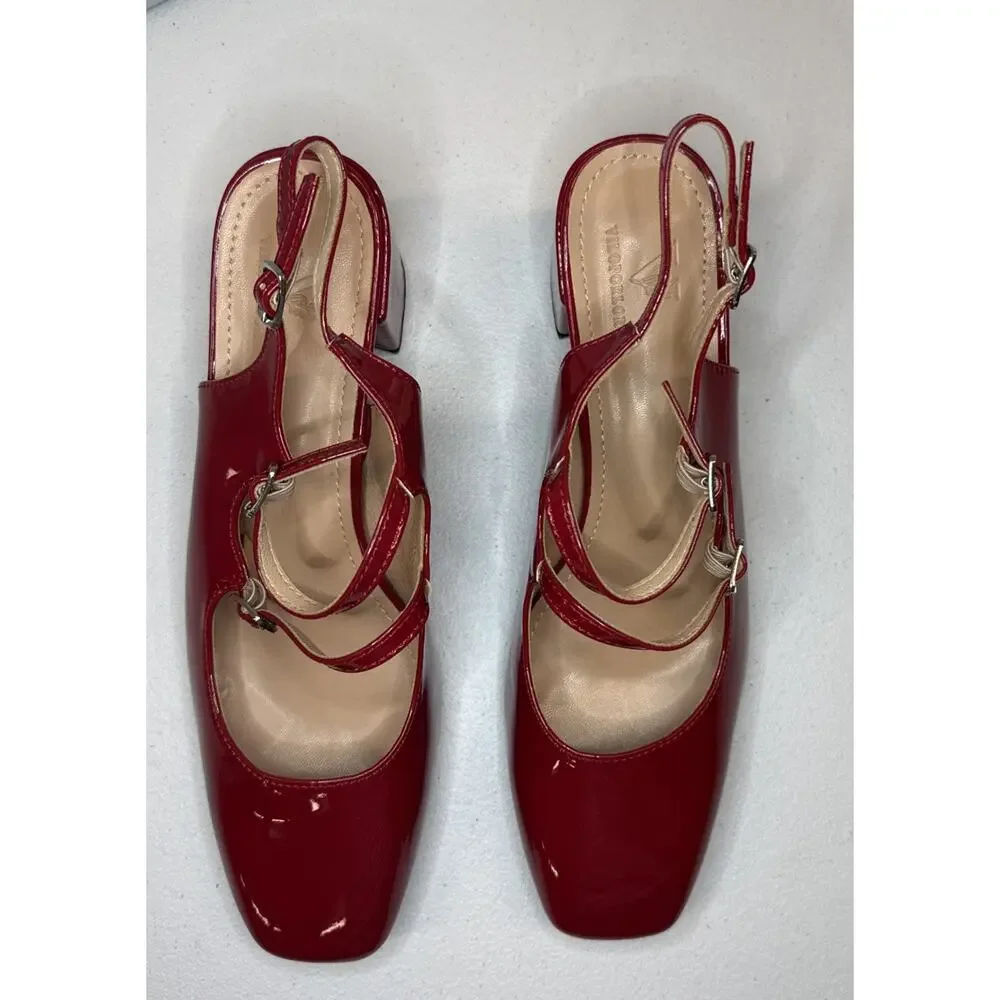 Viloporlor Women’s Mary Jane Shoes Slingback Chunky Heels Red Size 9